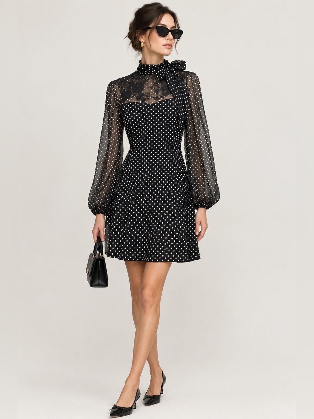 Valentino Spa Polka Dot Dress Size 6 Black Sheer Long Sleeve Bow Cocktail Chic
